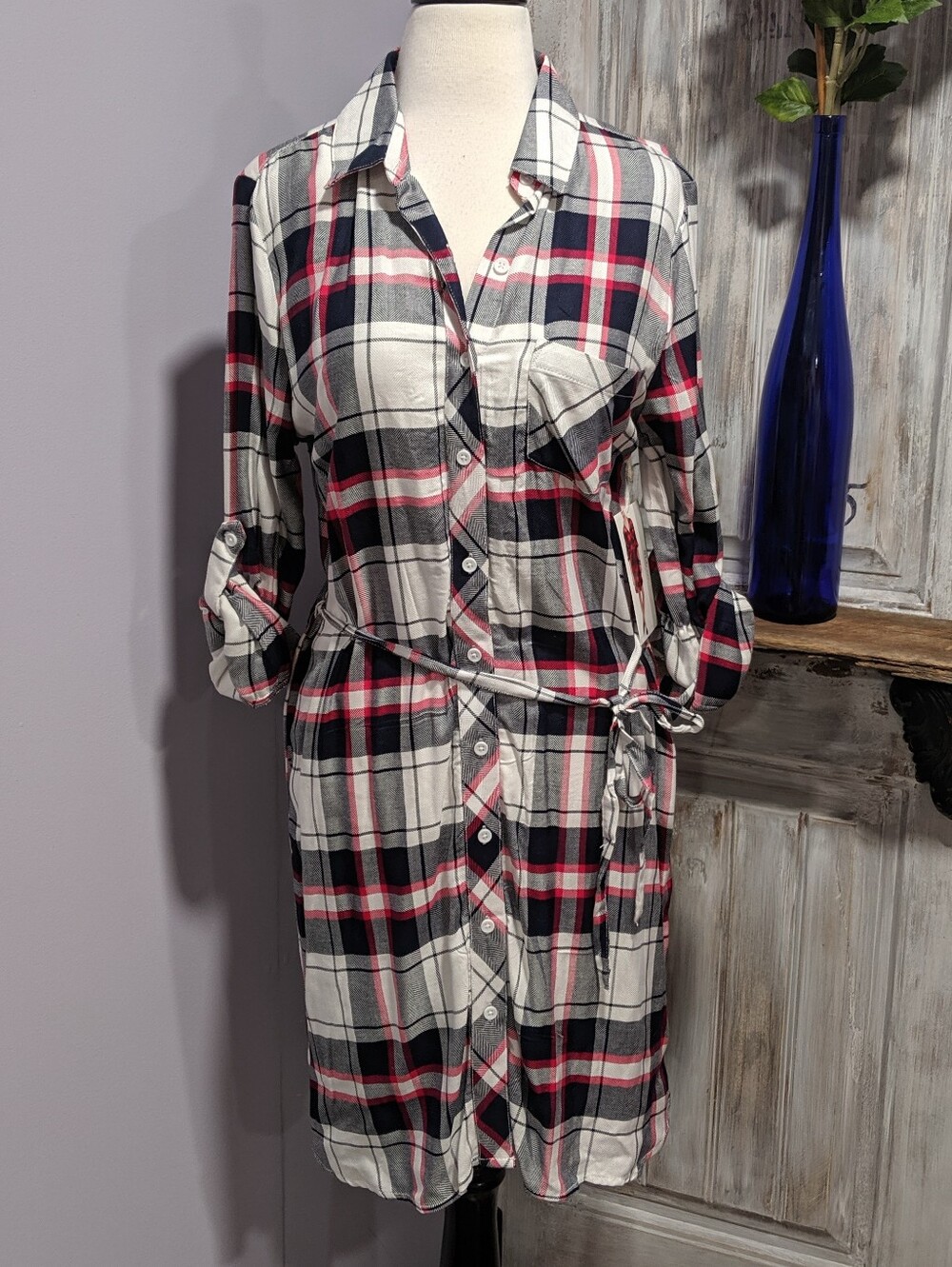 NWT BLL NYC Plaid Button-Front Shirt Dress
